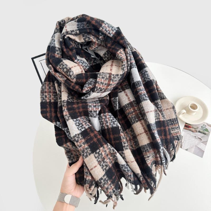 Retro new plaid scarf women's autumn and winter versatile warm thickened imitation cashmere shawl scarf dual-purpose