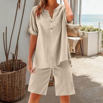 Cotton Linen 2 Piece Outfits for Women Short Sleeve V-Neck Top Wide Leg Shorts Set Summer Casual Loose Lounge Set