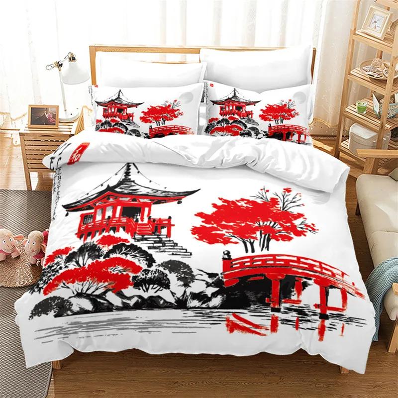 Ink Painting Duvet Cover Japanese Style Mount Fuji Comforter Cover Red Cherry Blossoms Print Bedding Set For Adults Teens Girls