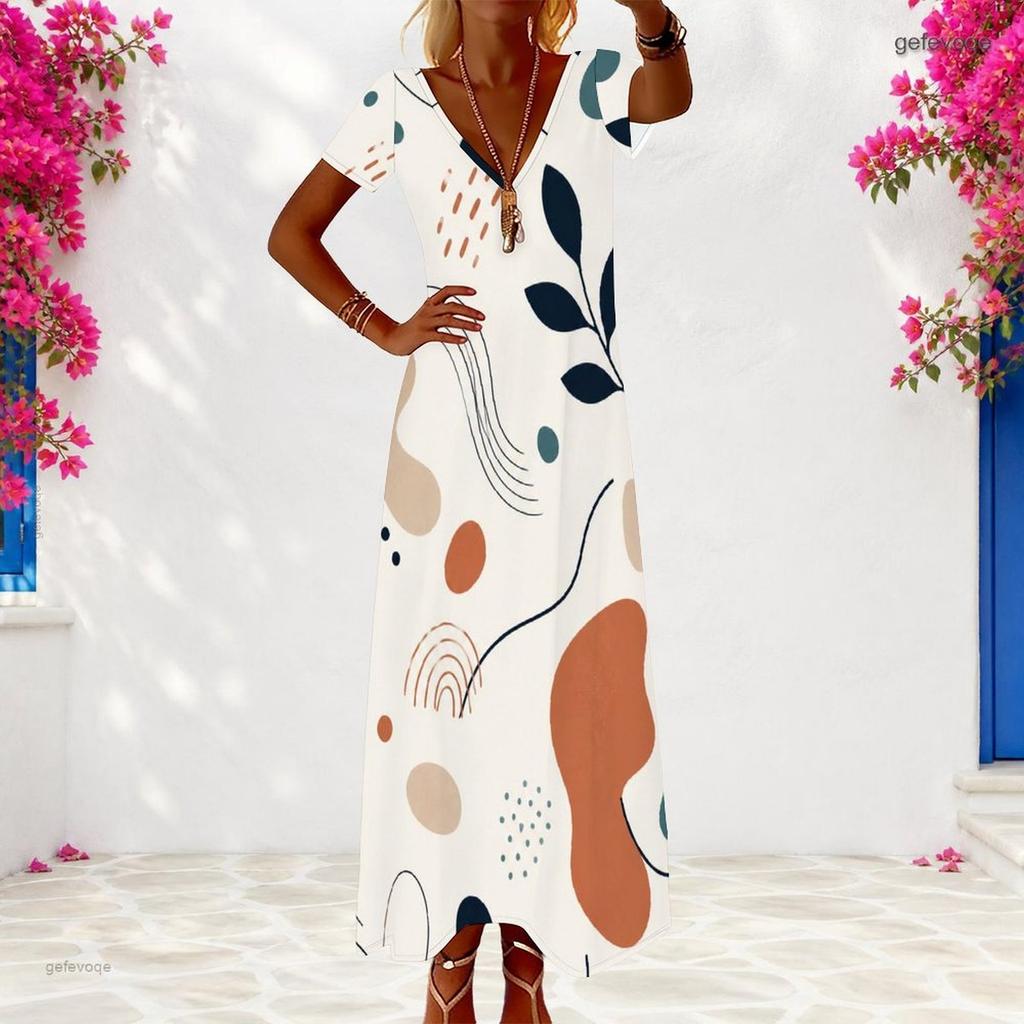 Women Plus Size V Neck Short Sleeve Printed Casual Long Dress