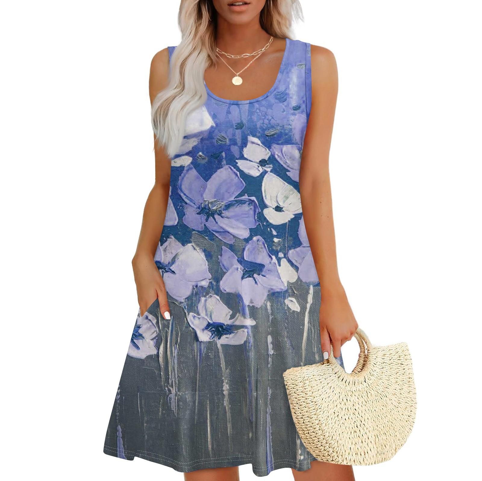 Women s Sleeveless Summer Dress, Casual Floral Print, Lightweight Beach Sundress, Red, Comfortable and Stylish S синий