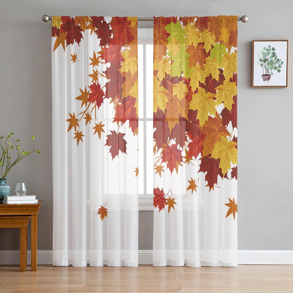 Maple Leaf Autumn Forest Landscape Tulle Curtains Living Room Bedroom Decoration Voile Window Party Drapes Curtain Sheer Polyester Ideal For Area