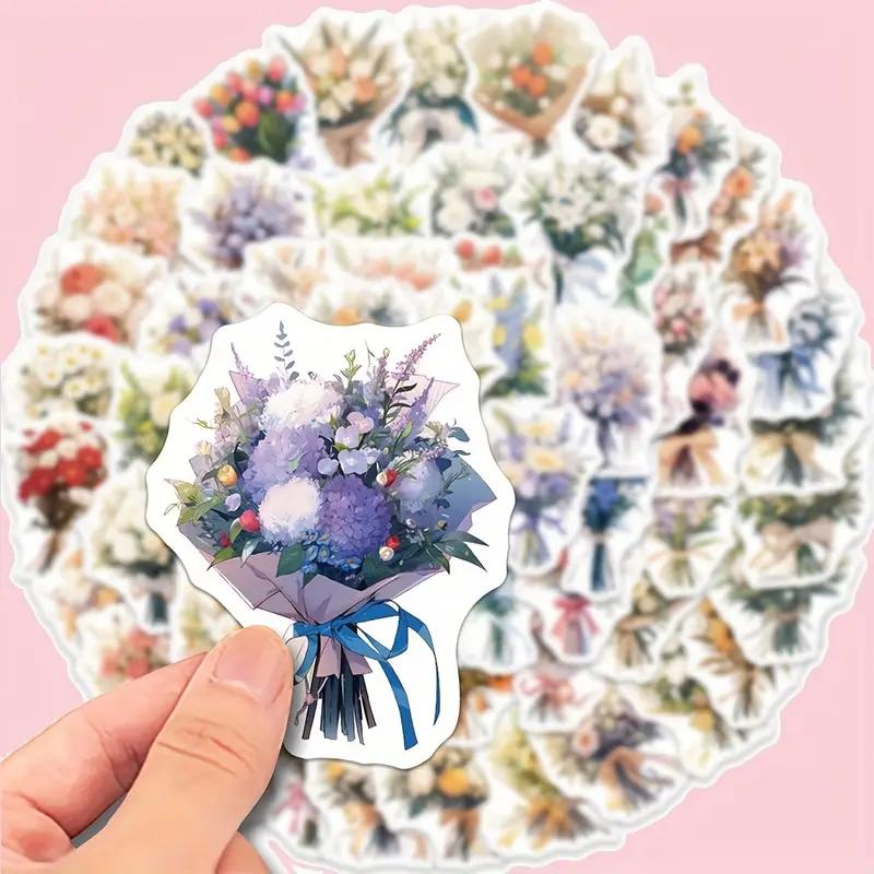 60 Stück Blumenstrauß-Aufkleber - Wasserdichte Vinyl-Abziehbilder für Laptops, Wasserflaschen, mattes Finish, Cartoon-Dekor mit lebendigen Blumendesigns
