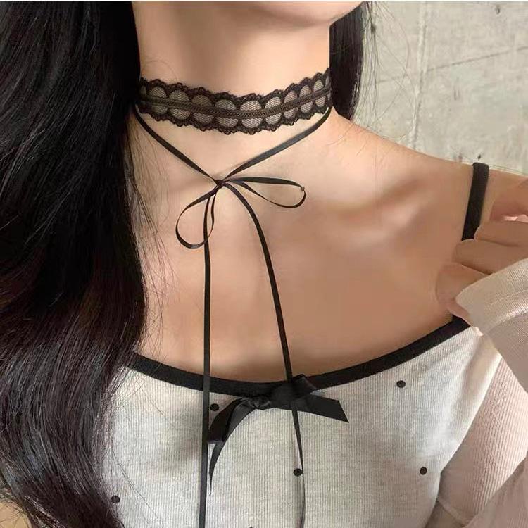White Black Lace Bow Choker Necklace for Women Harajuku Gothic Dark Girl Lace Bow Sweet Collar Necklace Party Female Jewelry