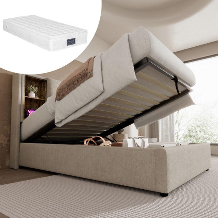 Lit Simple - MUVOE - 90x200cm - Recharge Sans Fil USB C - Rangement Intégré - Matelas Inclus