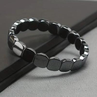 Yousheng Hematite Stone Bracelet Elastic Cord Metallic Luster Polished Bracelet Groundedness Theme Men Women Wristband
