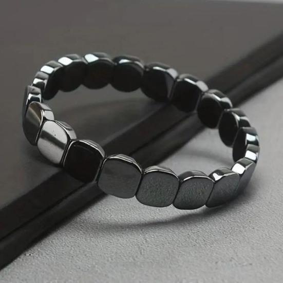 Yousheng Hematite Stone Bracelet Elastic Cord Metallic Luster Polished Bracelet Groundedness Theme Men Women Wristband