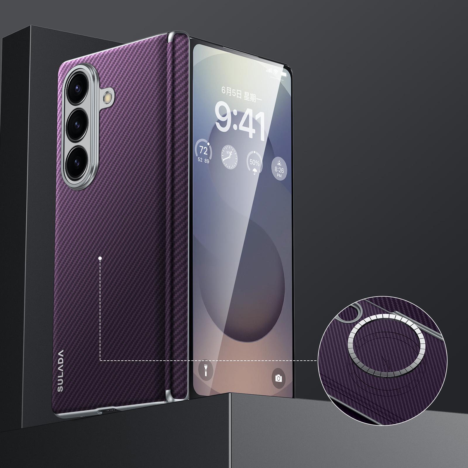 

SULADA For Samsung Galaxy Z Fold7 5G Magnetic Case Leather+PC Phone Cover Carbon Fiber Texture Purple