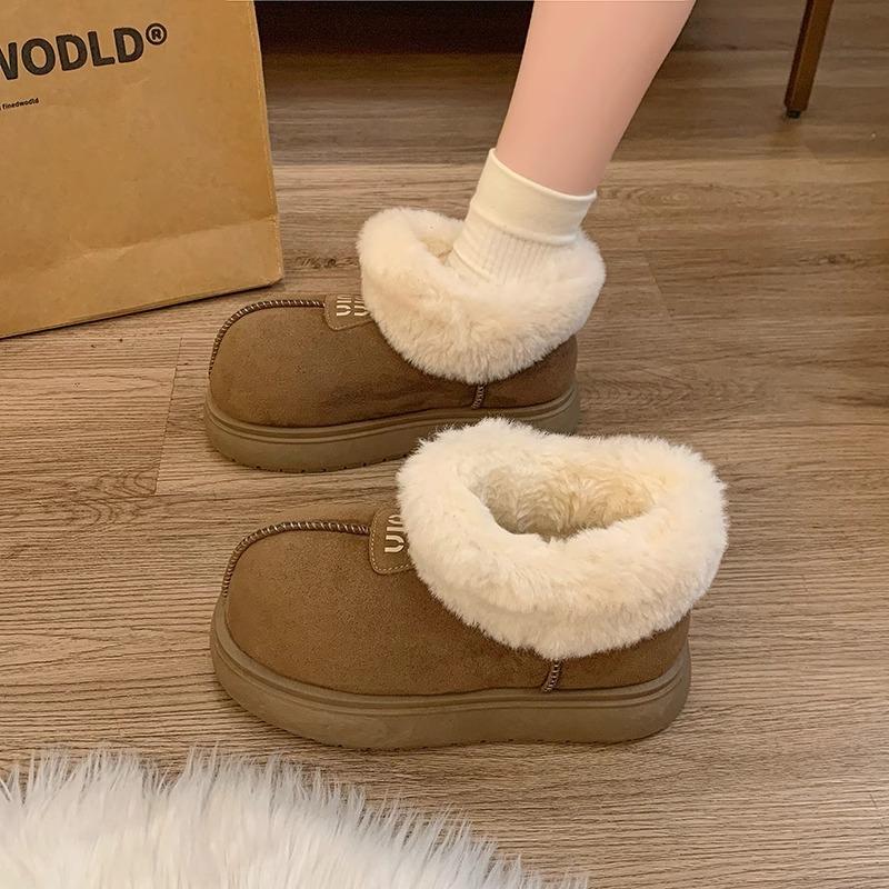 

Зимний бархат снежный хлопок ретро уродливо милые женские туфли матовые меховые туфли ботинки один педаль тонкие большая голова хлебные туфли 40 темно-коричневого