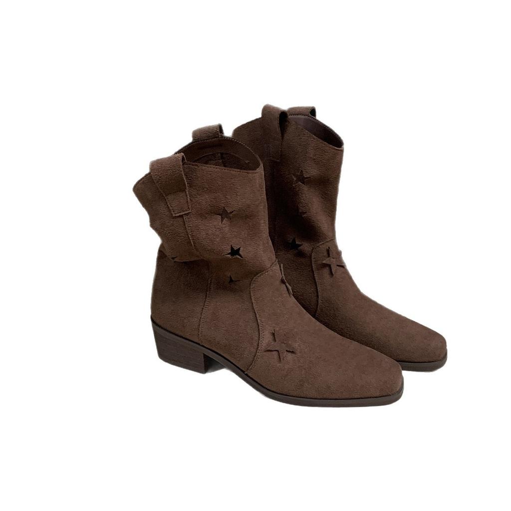 Grape Mother Has the Same Retro Fashionable Hollow Star V-mouth Versatile Comfortable Thick Heel Denim Medium Boots Women's Western Boots