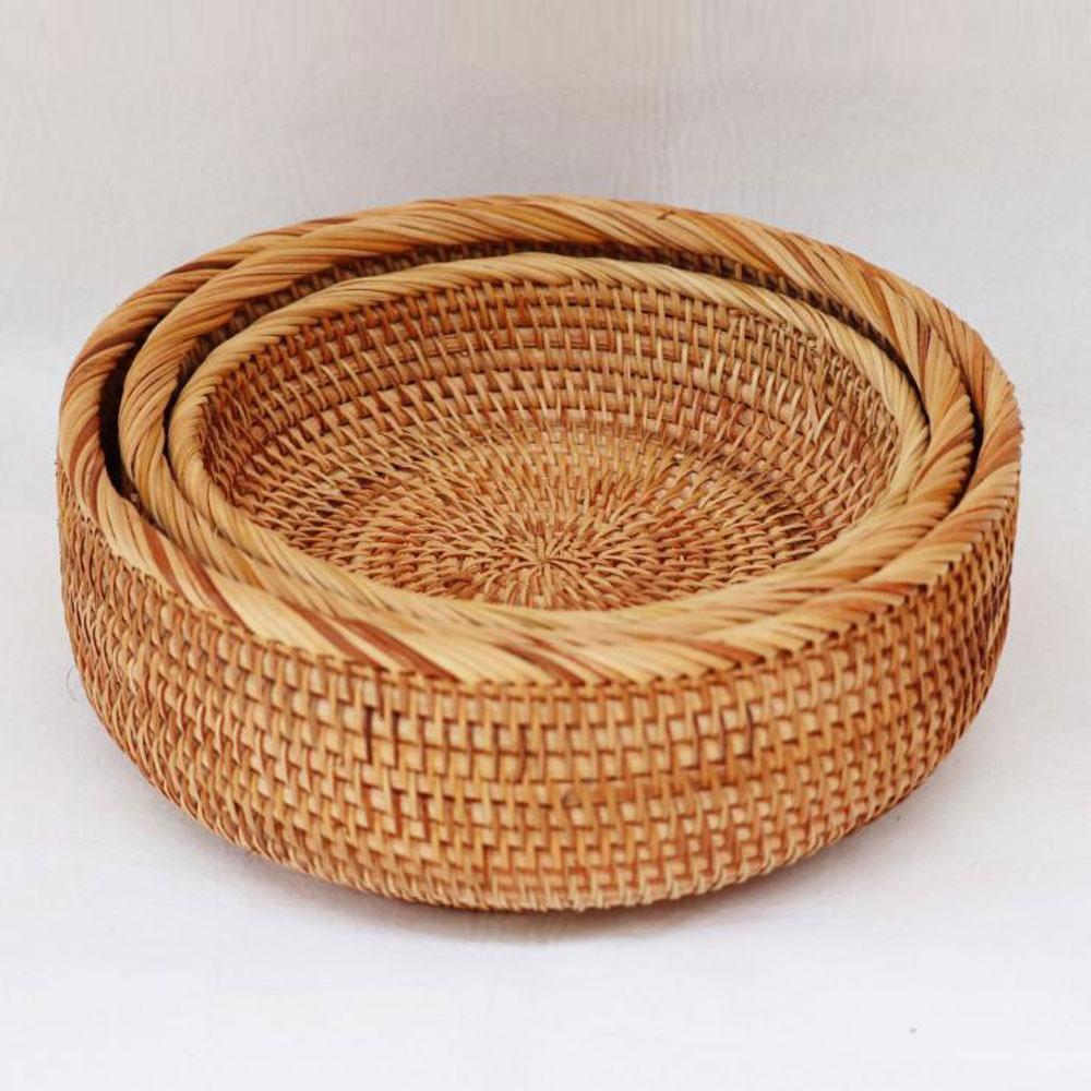 Handmade Rattan Storage Basket Round Fruit Basket Tray Basket Candy Storage Basket