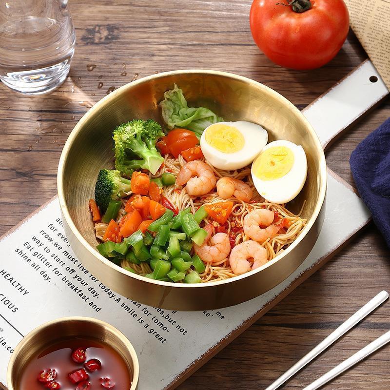 Golden Double-Layer Korean Cuisine Bowl - 304 Stainless Steel, Ideal for Rice, Soup, Kimchi, and Cold Noodles.