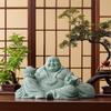 Green Sandstone Laughing Buddha Statue Chinese Buddhist Figures Zen Buddha Home Room Office Wealth Luck Feng Shui Decor