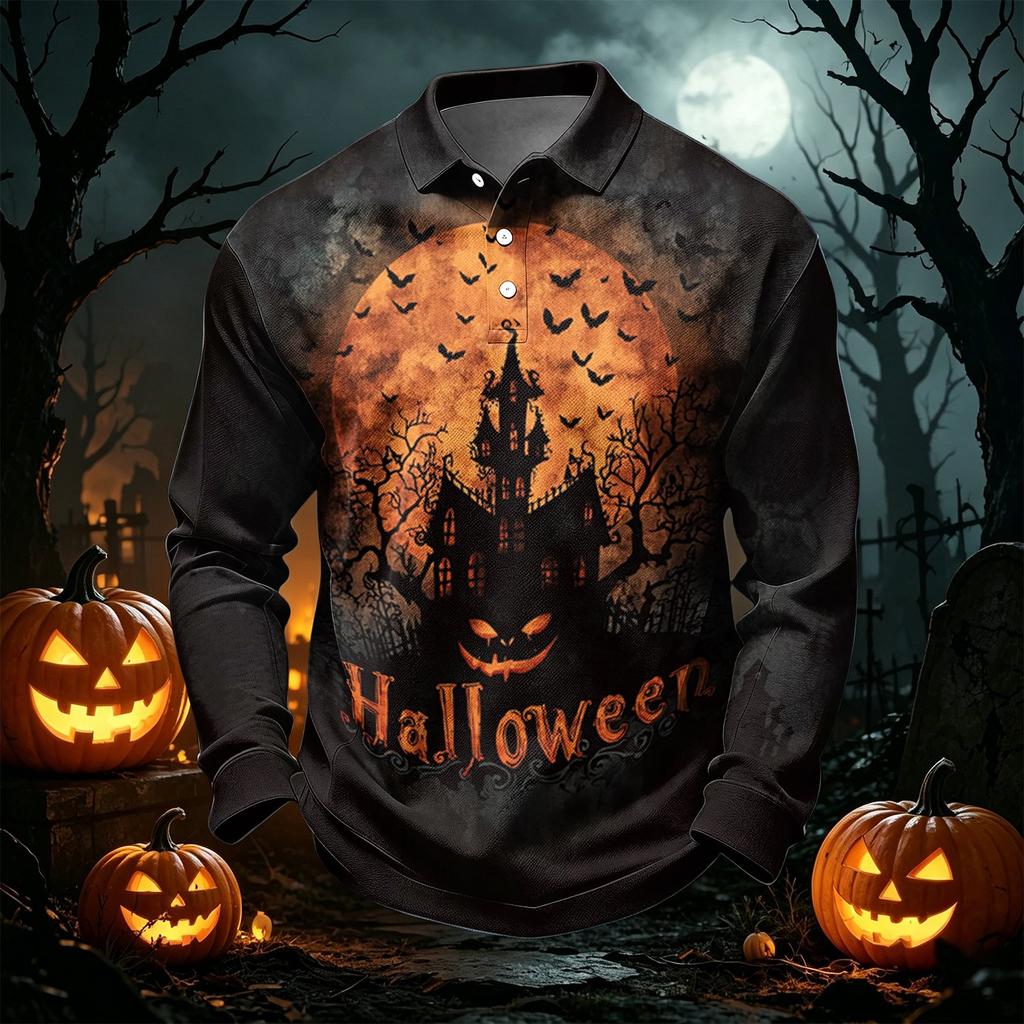 Men's Quick Dry Mesh Long Sleeve Golf Shirt with Halloween Print for Casual Wear