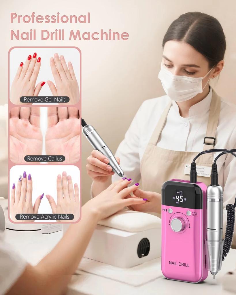 Portable Nail Drill Professional: 45000 RPM Rechargeable Electric Nail Drills Machine with 6 Bits, Drill Para Uñas Profesional E