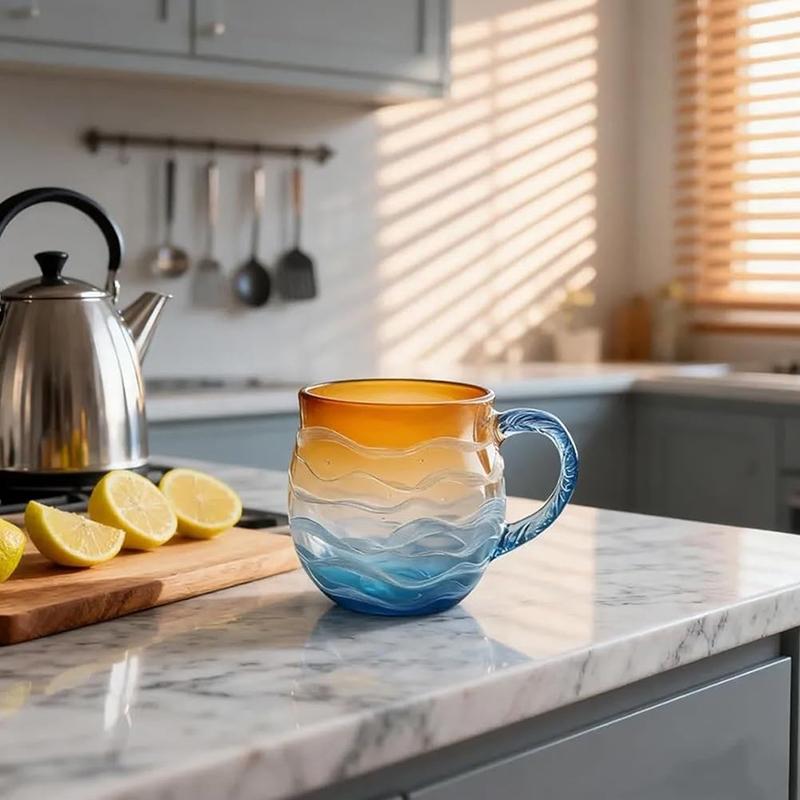 Meerglas Sonnenuntergang Tasse Handgeblasene Ozeanwellenmuster Tasse Einzigartige strukturierte Strand-Thema Tassen Für Tee Meeresinspirierte Trinkgeschirr