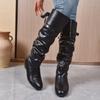 Fashion Shoes For Women 2025 Spring Knee High Boots Black Tall Boots Woman Pleated Low Heel Casual Leather Female Long boots