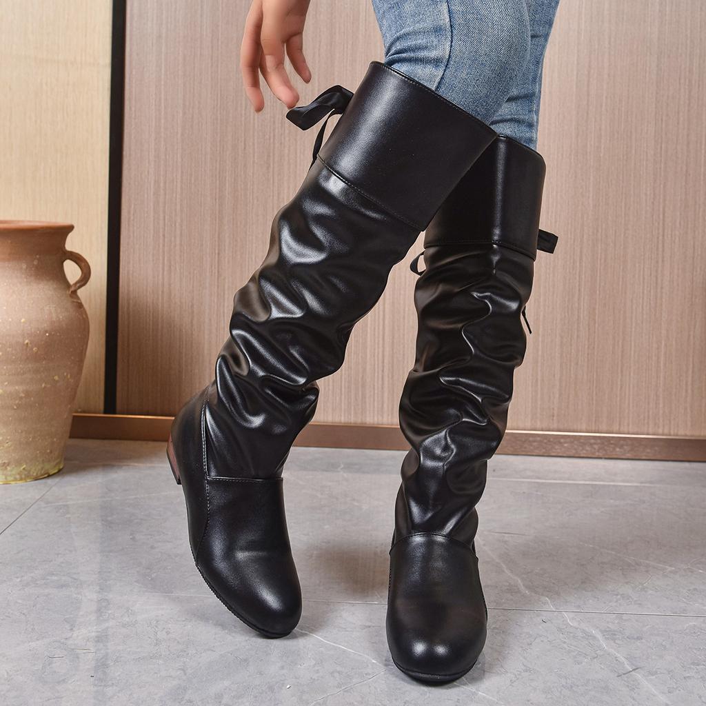 Fashion Shoes For Women 2025 Spring Knee High Boots Black Tall Boots Woman Pleated Low Heel Casual Leather Female Long boots