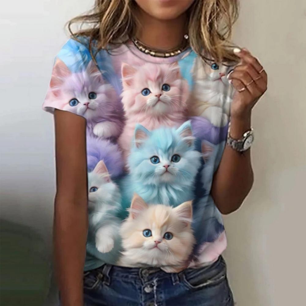 Fashion Women's T-shirt 3D Printed Kawaii Cat Pattern Short Sleeved Round Neck Top Summer Outdoor Casual Street Simple Clothing