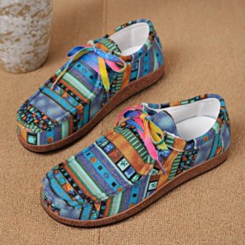 Large Size Casual Single Shoes Women's Color Lace-up Graffiti Low-top Canvas Shoes Wood Grain Platform Shoes
