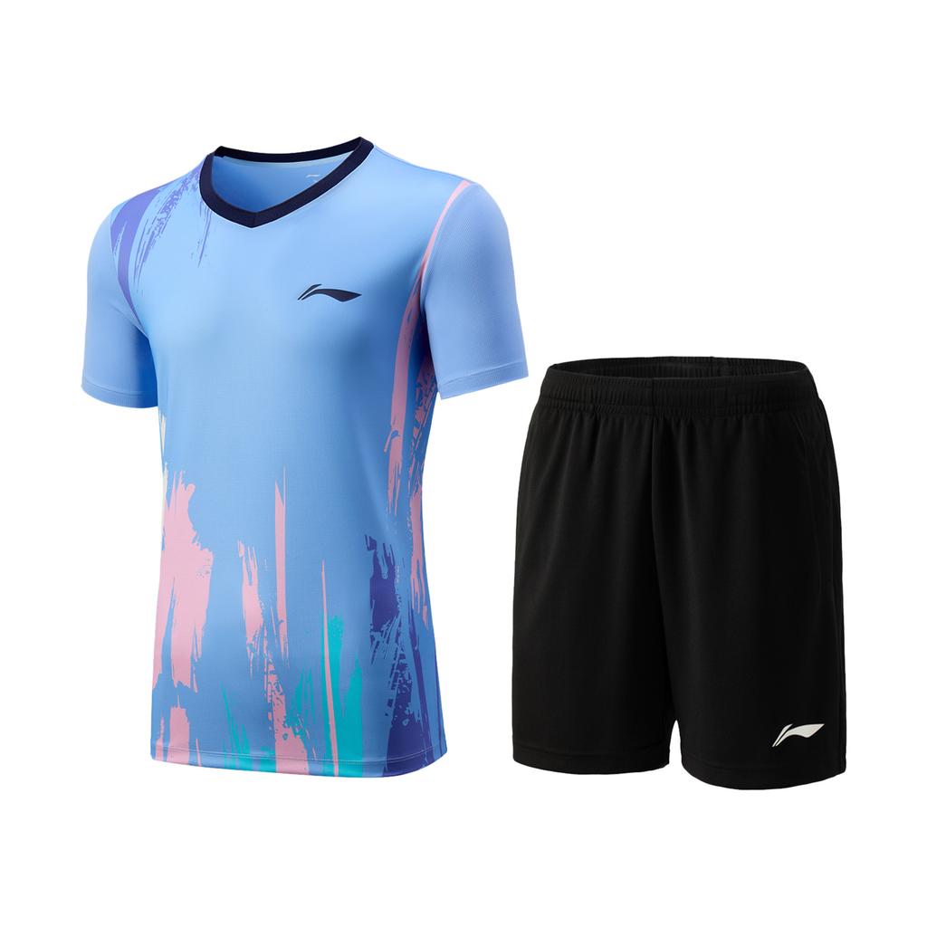 Li-Ning Badminton Series Color Block V-Neck Breathable Short Sleeve T-Shirt Mid Waist Shorts Casual Sports Set Unisex Sports Set AATV041-5