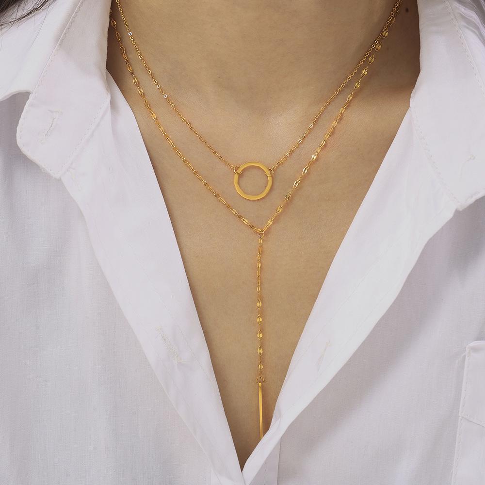 Korean Geometric Circle Pendant Y-Tassel Choker, Layerable Cool Style, Gold-Plated Titanium Steel Necklace
