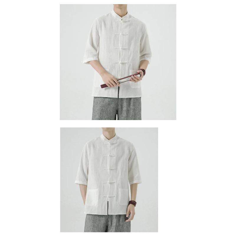 Chinese Style Mens Linen Summer Shirt Retro Stand Collar Half Sleeve Chinese Kong Fu Suit Men Hanfu