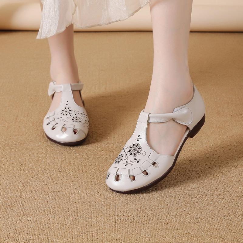 Sandals women's summer new flat-soled soft-soled hollow sandals first layer soft cowhide hollow inner women's hole shoes