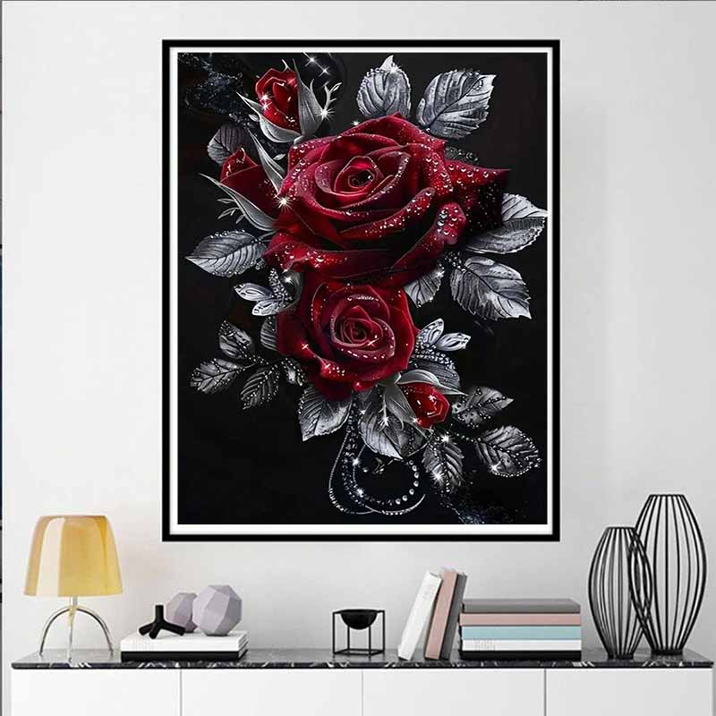 5D Gothic Red Diamond Gem Rose Set, DIY Rhinestone Cross Stitch Craft, Decorative Home Wall Decorations