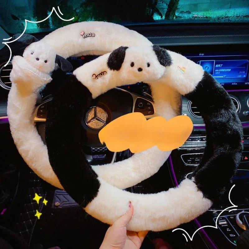 Winter Cute Pochacco Car Steering Wheel Cover Warm Plush Cartoon Anti Slip Handle Cover for Men and Women Cute Car Accessories