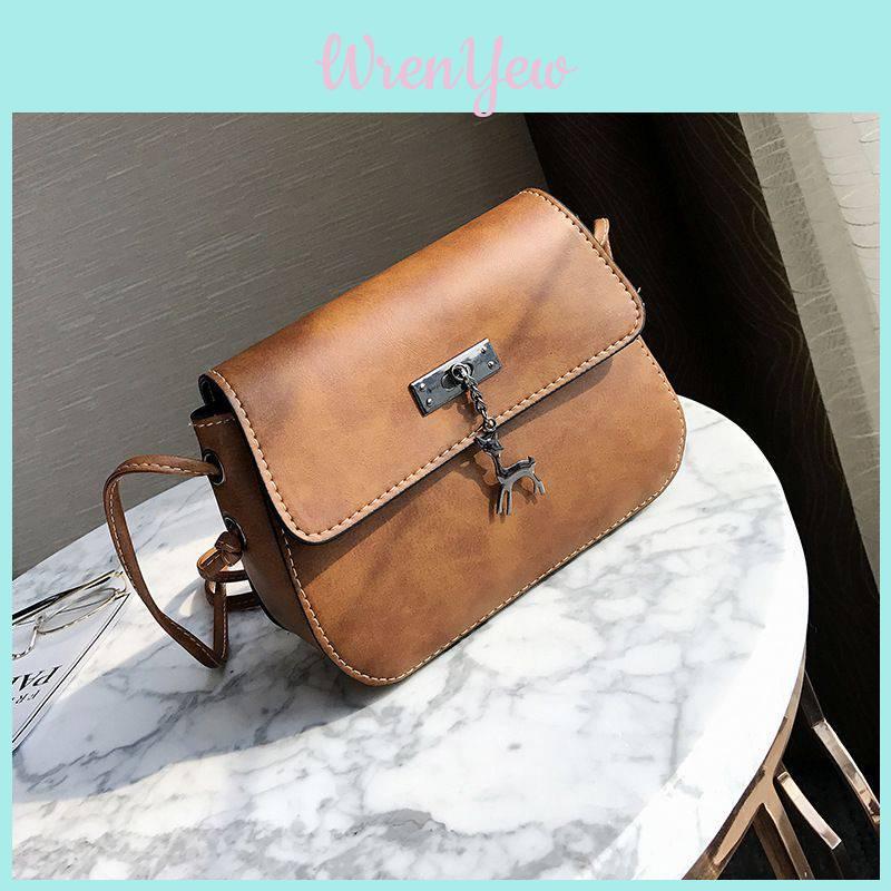 European And American Retro Style Small Saddle Bag With Deer Pendant Pu Shoulder Bag