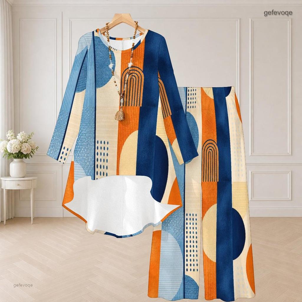 Women Plus Size Two Piece Set Round Neck Long Sleeve Plaid Printed Orange High Low Top Wide Leg Pants