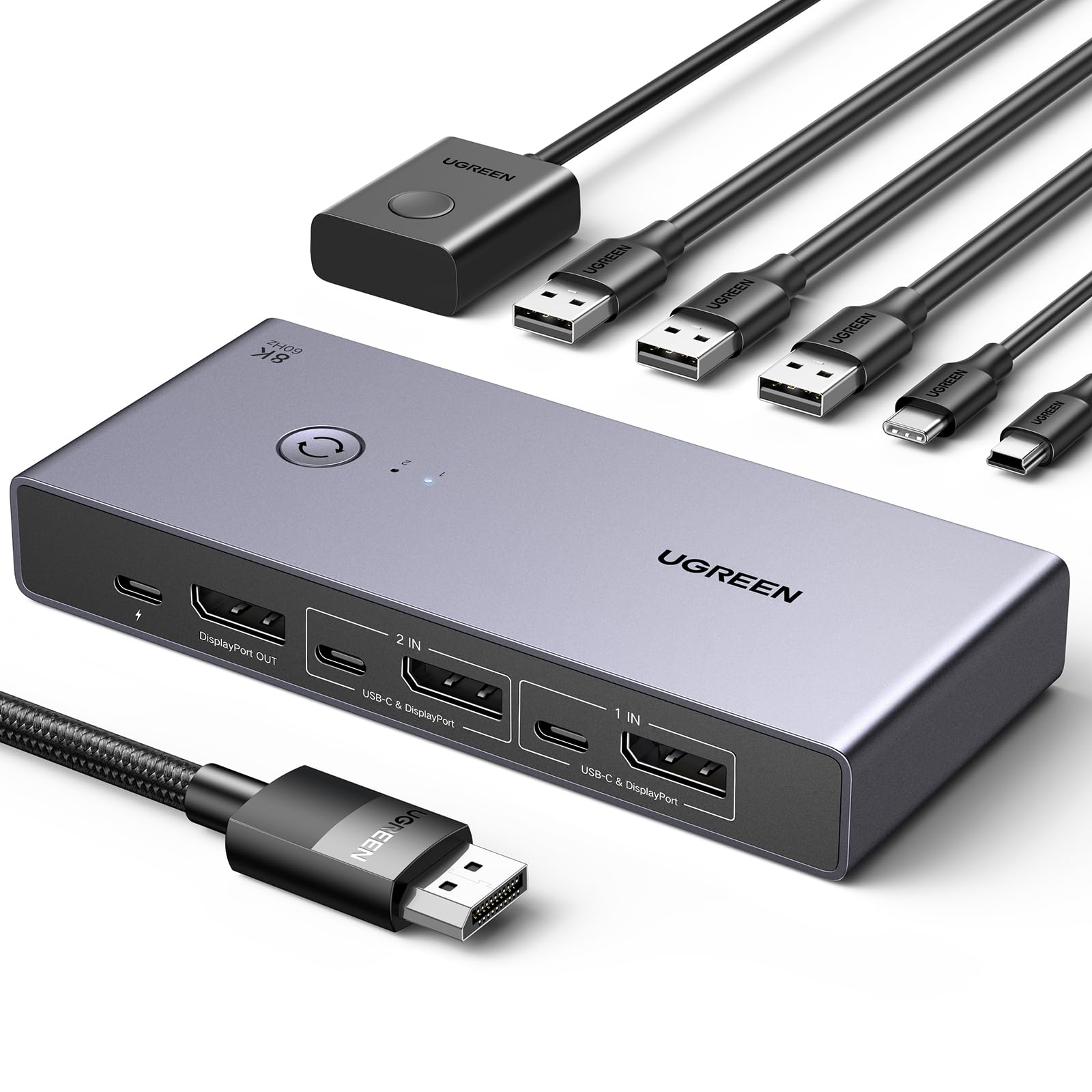 

UGREEN DisplayPort KVM 2 1 4 USB Ports 1 Hard 2 DP Cables and 2 to C Cables Included 8K@60Hz Switch, Inputs, Output, DP1.4, 3.0 (3 USB-A + USB-C),