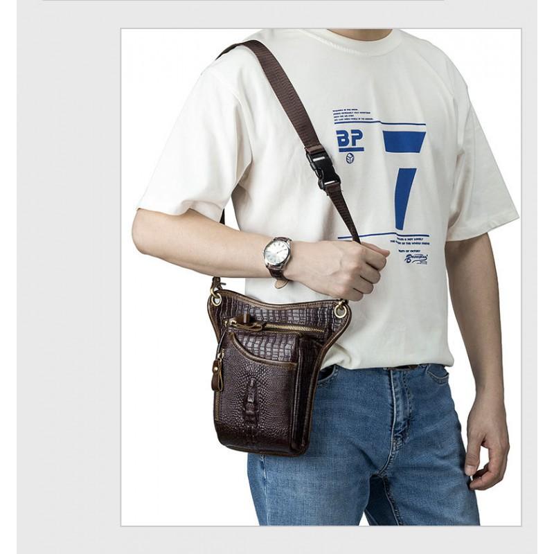 Head Layer Cowhide Men's Motorcycle Leg Bag European American Retro Crocodile Pattern Genuine Leather Riding Waist Hanging