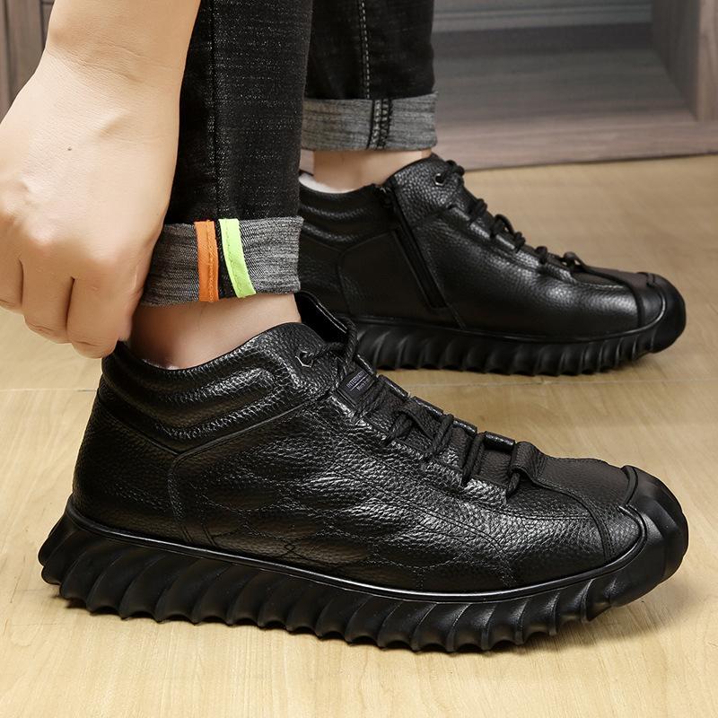 First Layer Cowhide High-top Men's Shoes Winter Velvet Thickened Warm Fur Integrated Casual Cotton Shoes Non-slip Dad Cotton Boots