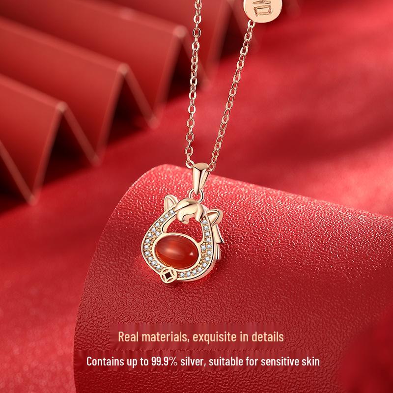 Red Agate Zodiac Horse Necklace for Women - Sterling Silver, Chinese Style 'Immediate Wealth' Charm