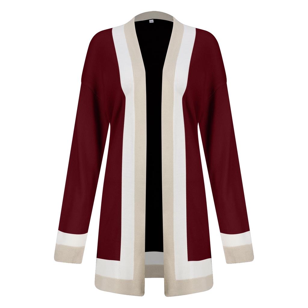 Women's  And Winter Women's Solid Color Stitching Long-sleeved Cardigan Knitted Sweater