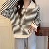 Black Striped Polo Neck Front Shoulder Sweater Women's Autumn New Loose Half Zipper Casual Style