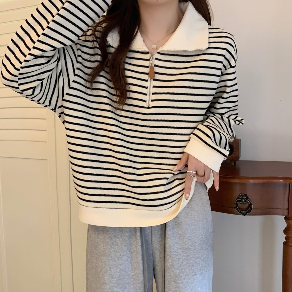 Black Striped Polo Neck Front Shoulder Sweater Women's Autumn New Loose Half Zipper Casual Style