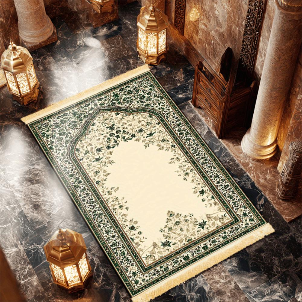 Luxe Groen Bloemig Boho Print Moslim Gebedsmat, Opvouwbaar Reizen, Wasbaar Lichtgewicht Kleed voor Ramadan, Eid, Moskee Gebruik 50x100cm(20x39inch black