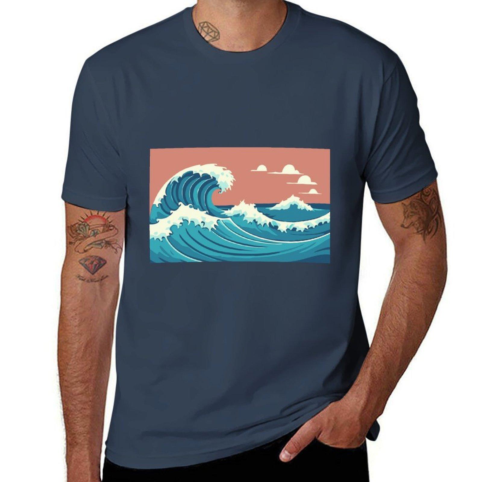 simple illustration of big waves TShirt All Match Basic Short Sleeve Top S
