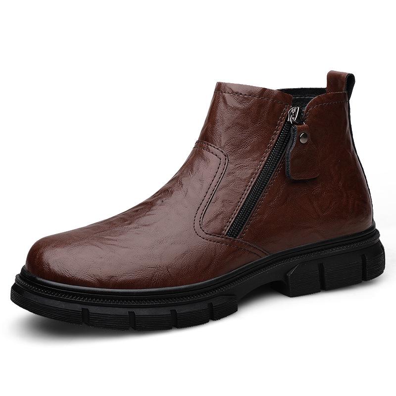 Men's British Style High-Top Leather Winter Boots with Velvet - Trendy Motorcycle Mid-Top Workwear.