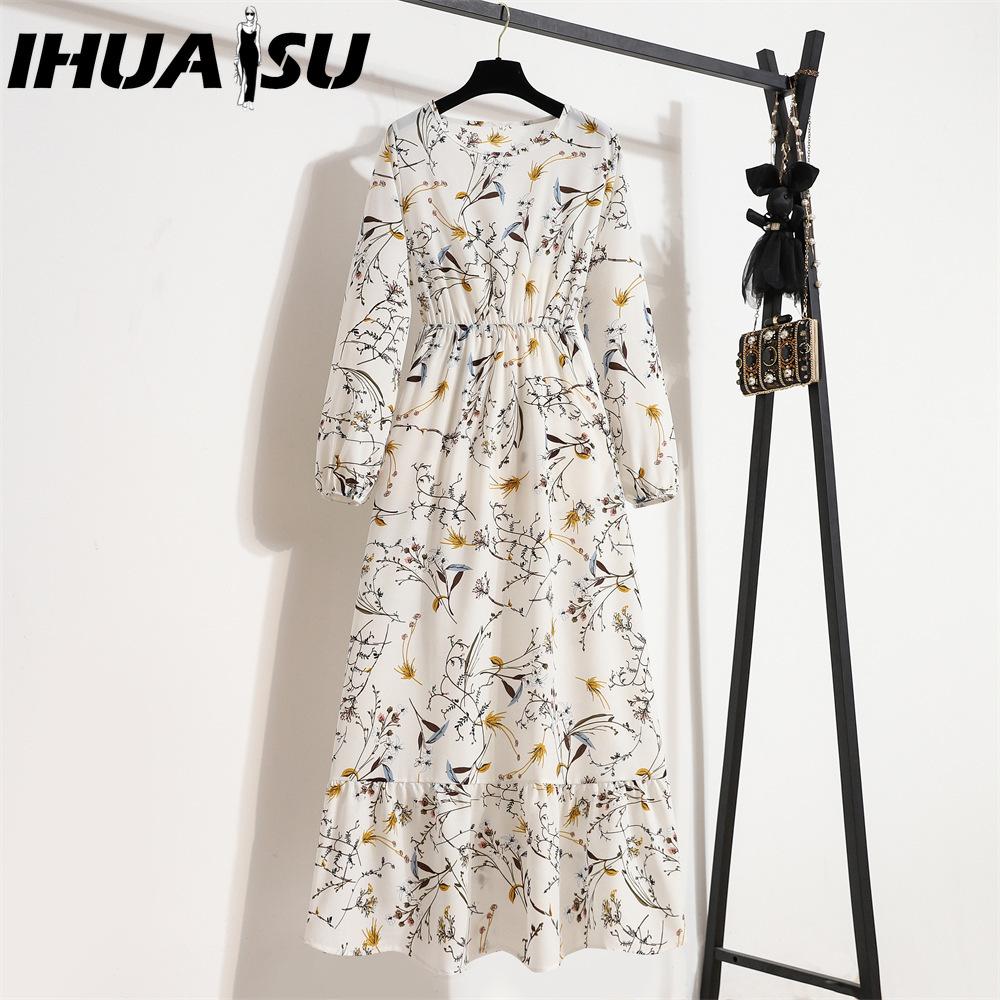 IHUASU 25 Colors Spring Women Maxi Dresses Casual Long Sleeve Floral Print O-Neck Ladies Long Dress Bohe Beach Party Mujer Vestidos Muslim Dress