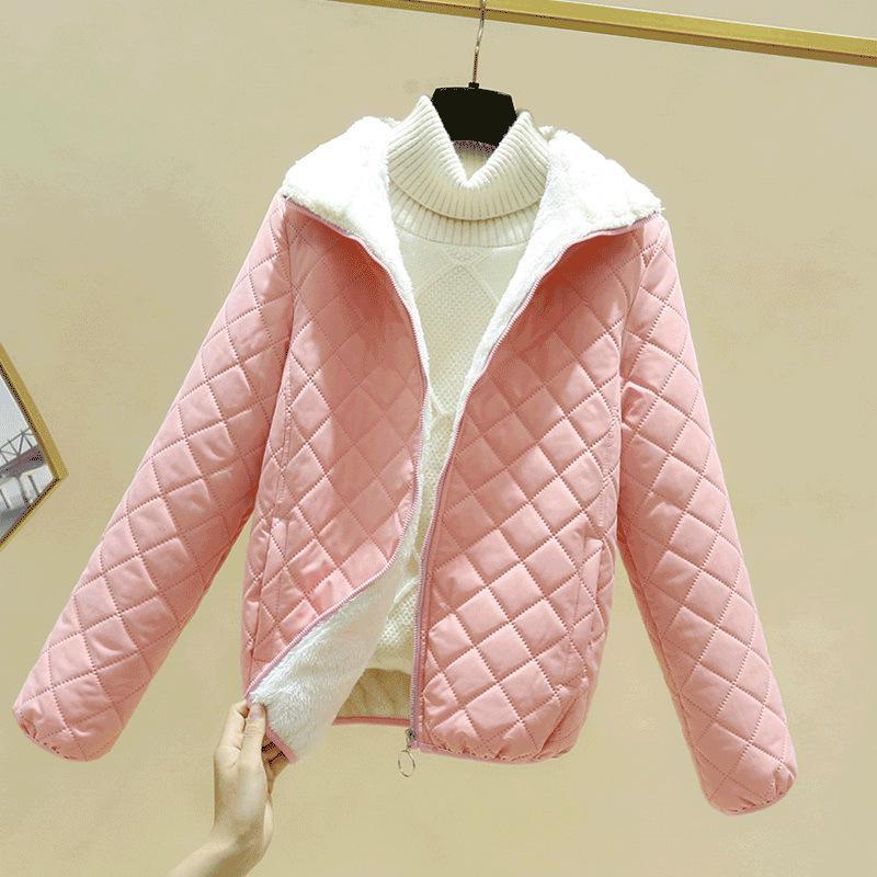 2024 Fall/Winter Women's Lambskin Cotton Coat - Stand-up Collar, Casual Loose Fit, Warm and Stylish Diamond Check Design.