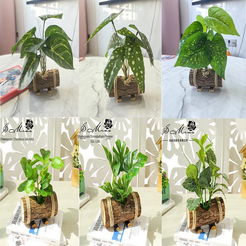 Creative Wooden Basin with Artificial Green Plant Bonsai Ornament for Display and Decoration.