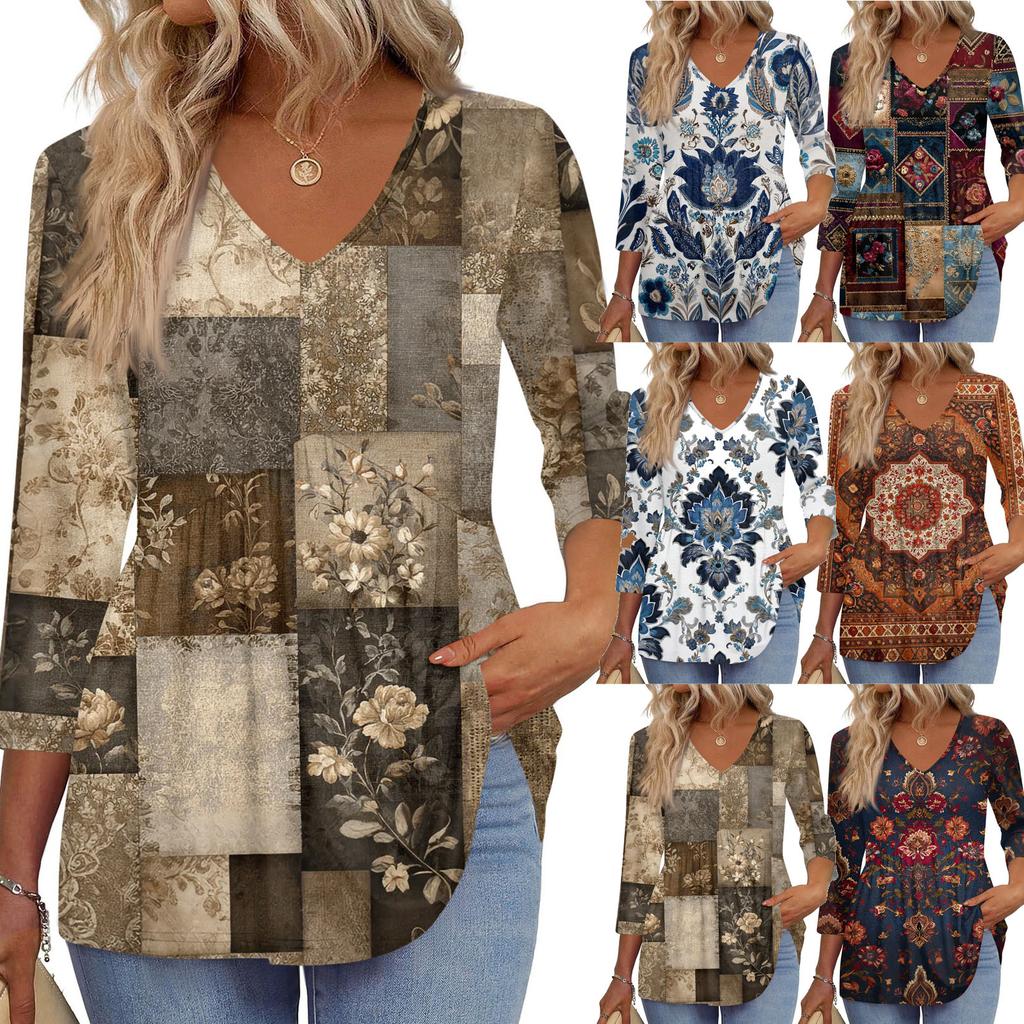 Women's T Shirt Print 3/4 Sleeve Fashion Basic V- Neck Regular Top