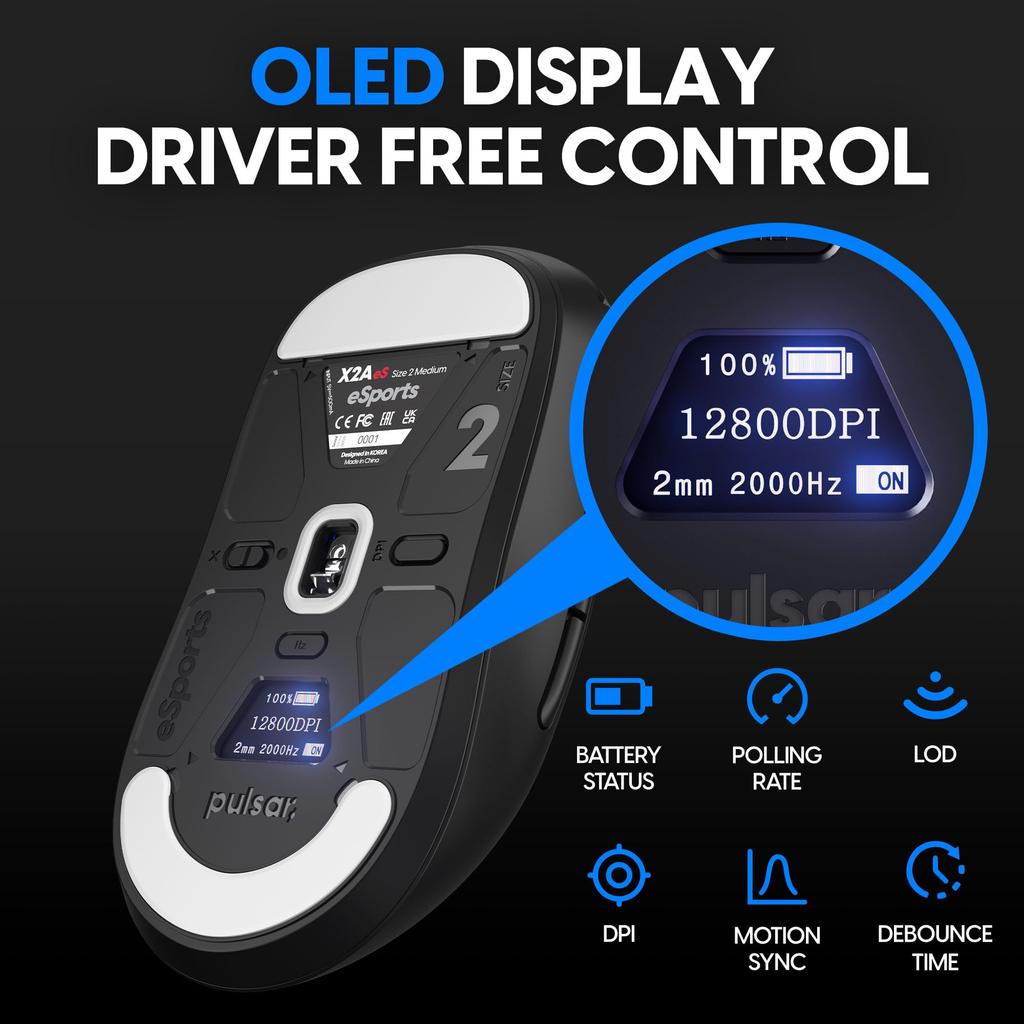 Pulsar Gaming Gears X2A eS Wireless Gaming 26000 Optische PAW3395 Maus, Ultraleicht 69g, Beidhändig, 2,4 GHz, 1 ms, DPI, Sensor,