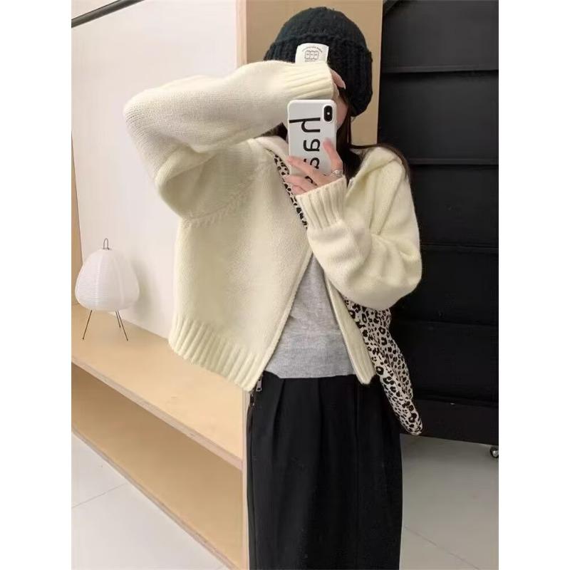 

Весенне-осенний новый вязаный кардиган с капюшоном на двойной молнии, женская модная однотонная свободная куртка-свитер One size