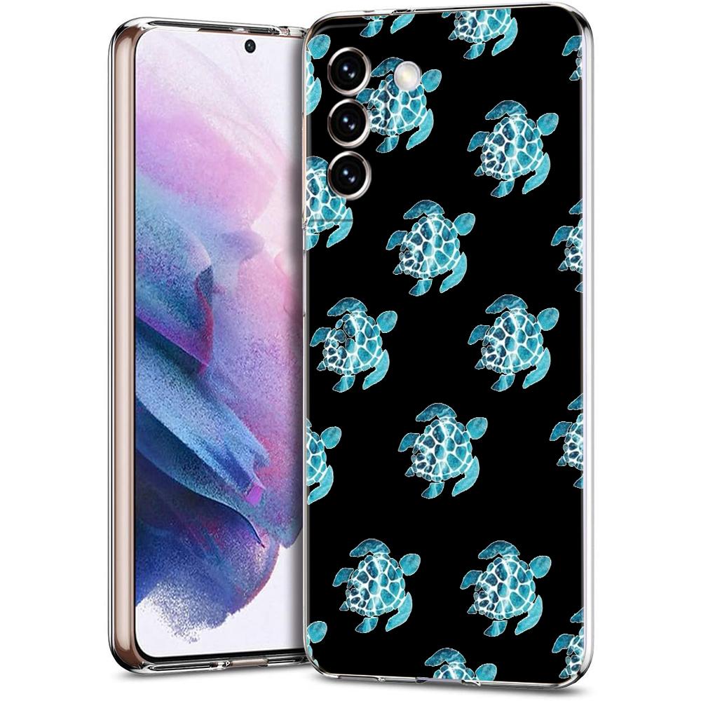 Phone Case For Samsung S24 Ultra S23 FE S22 S20 S21 5G S10 S9 Plus S10E S8 Soft Clear lovely Cartoon sea turtle ocean blue Cover