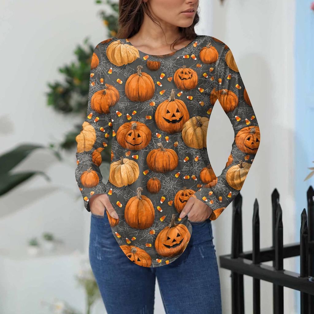Women's Loose Fit Long Sleeve T-Shirt with Retro Halloween Print, Neck Pullover Top